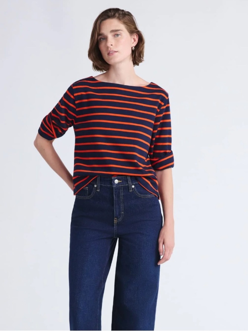 Women's Top in Navy and Orange Stripes